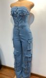 Fashion Denim Wrap Chest Slim Jumpsuit GMYU-9825