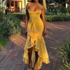 Mesh Irregular Sling Pleated Maxi Dress GMYU-8965