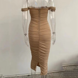 Mesh Pleated One Shoulder Midi Dress JHYB-9034