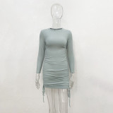 Solid Color Long Sleeve Drawstring Mini Dress JHYB-9077