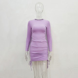 Solid Color Long Sleeve Drawstring Mini Dress JHYB-9077