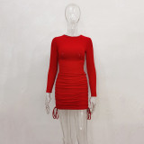 Solid Color Long Sleeve Drawstring Mini Dress JHYB-9077