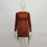 Solid Color Long Sleeve Drawstring Mini Dress JHYB-9077