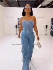 Fashion Denim Wrap Chest Slim Jumpsuit GMYU-9825