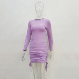 Solid Color Long Sleeve Drawstring Mini Dress JHYB-9077