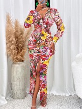 Long Sleeve Print V Neck Split Maxi Dress GMYU-5885