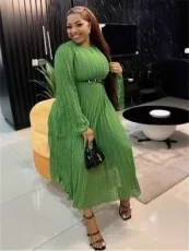Solid Color Long Sleeve Pleated Long Dress GMYU-8570