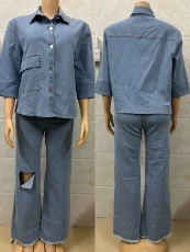 Denim Long Sleeve Shirt Two Piece Pants Set  GMYU-6386