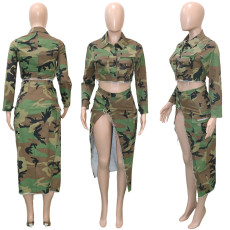 Camouflage Printed Lapel Long Sleeve Split Midi Skirts Set SH-390830