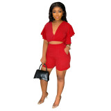 Casual Solid Color V Neck Two Piece Shorts Set GMYU-5019