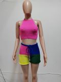 Sweater Halterneck Tops Color Block Short Suit QXTF-9181