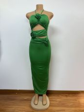 Hollow Out Floral Strapless Backless Halter Dress GMYU-5978