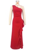 Single Shoulder Solid Color Ruffles Maxi Dress XHXF-463