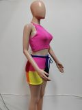 Sweater Halterneck Tops Color Block Short Suit QXTF-9181