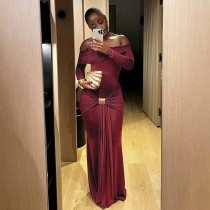 Solid Color Long Sleeve One Shoulder Maxi Dress GMYU-8994