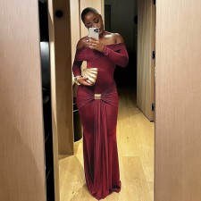 Solid Color Long Sleeve One Shoulder Maxi Dress GMYU-8994