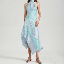 Print Sleeveless Satin Irregular Maxi Dress SHD-9529