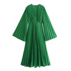 Solid Color Long Sleeve Pleated Long Dress GMYU-8570
