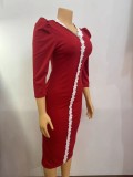 Solid Color 3/4 Sleeve Lace Lace Midi Dress GMYU-8066