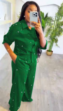 Hot Drill Long Sleeve Solid Two Piece Pants Set GMYU-9345