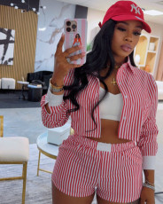 Stripe Lapel Shirt Two Piece Shorts Set MDF-5521