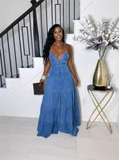 V Neck Backless Sling Denim Maxi Dress GMYU-6500