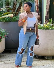Plus Size Washed Holes Tassel Loose Jeans GYLN-2510