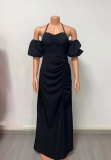Pleated Patchwork Lantern Sleeve Maxi Dress GMYU-8152