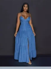 V Neck Backless Sling Denim Maxi Dress GMYU-6500
