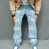 Men's Solid Color Holes Jeans XCFF-3019