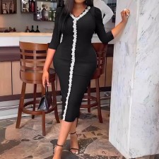 Solid Color 3/4 Sleeve Lace Lace Midi Dress GMYU-8066