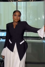 V Neck Long Sleeve Loose Pleated Wide Leg Pants Suit GMYU-8967