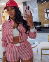 Stripe Lapel Shirt Two Piece Shorts Set MDF-5521