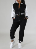 Contrast Color Zipper Coat Two Piece Pants Set FENF-6024