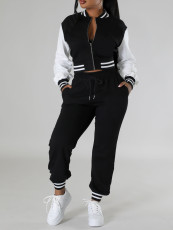 Contrast Color Zipper Coat Two Piece Pants Set FENF-6024