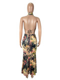 Sexy Print Halterneck Backless Tops Two Piece Skirts Set SHD-9773