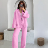 Solid Color Tie Up Long Sleeve Pants Suit SSNF-211496