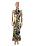 Sexy Print Halterneck Backless Tops Two Piece Skirts Set SHD-9773