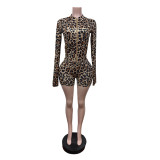 Leopard Print Long Sleeve Zipper Short Suit MEM-88654