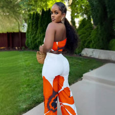 Floral Print Single Shoulder Wide-Leg Pants Two-Piece Set SHD-9738