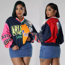 Letter Print Color Block Loose Sweatshirt SHD-9730