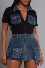 Short Sleeve Zipper Denim Patchwork Mini Dress ORY-5272