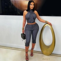 Stripe Sleeveless Tops Seventh Pants Suit QOUY-6063