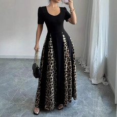 Plus Size U Neck Leopard Patchwork Maxi Dress GQIF-0433