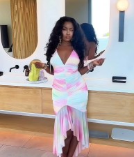 Sexy Backless Pleated Irregular Print Midi Dress GXIN-8851