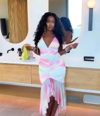Sexy Backless Pleated Irregular Print Midi Dress GXIN-8851