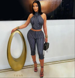 Stripe Sleeveless Tops Seventh Pants Suit QOUY-6063