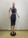 Stripe Sleeveless Tops Seventh Pants Suit QOUY-6063
