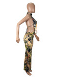Sexy Print Halterneck Backless Tops Two Piece Skirts Set SHD-9773