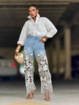 Plus Size Lace Patchwork Washed Jeans GYLN-7795